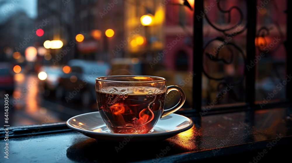 cup of coffee on table top in street cafe at night ,view on rainy city blurred light and houses, cup of coffee on table top in street cafe at night ,view on rainy city blurred light and houses,