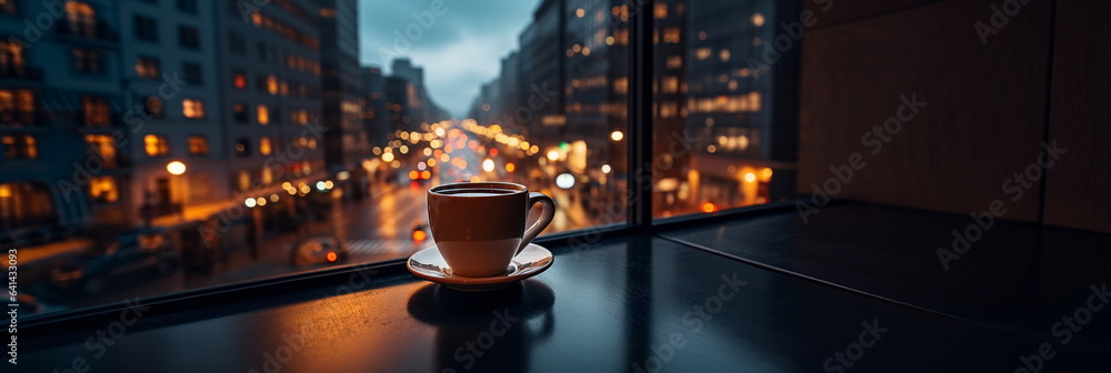 cup of coffee on  table top in street cafe at night ,view on rainy city blurred light and houses, - obrazy, fototapety, plakaty 