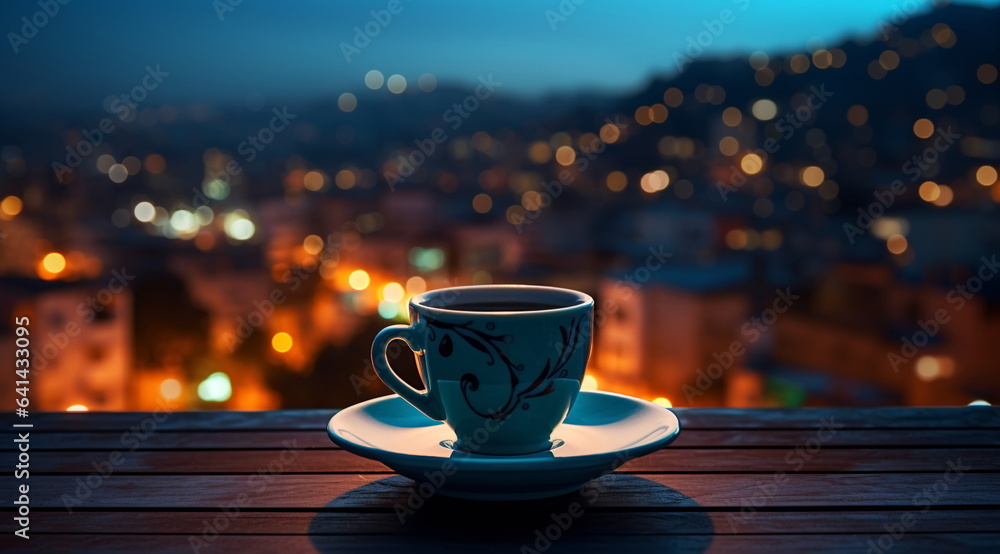 Obraz premium cup of coffee on table top in street cafe at night ,view on rainy city blurred light and houses,