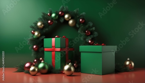 Green gift box in festive scene - modern background, metallic ornament, Christmas wreath