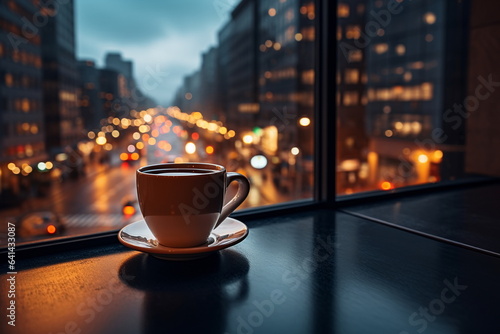 cup of coffee on  table top in street cafe at night  view on rainy city blurred light and houses 
