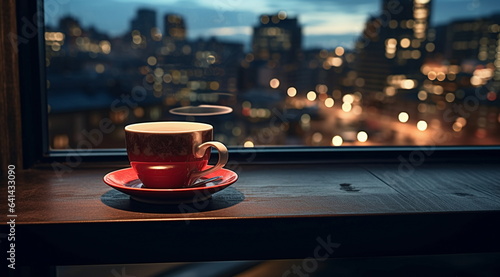 cup of coffee on  table top in street cafe at night ,view on rainy city blurred light and houses,