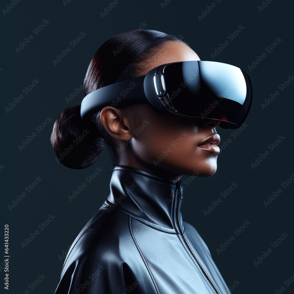 Modern futuristic profile close up, VR glasses on the face, virtual reality and artificial intelligence in cooperation with people. Dark background. Modern futuristic profile close up, VR glasses on the face, virtual reality and artificial intelligence in cooperation with people. Dark background.