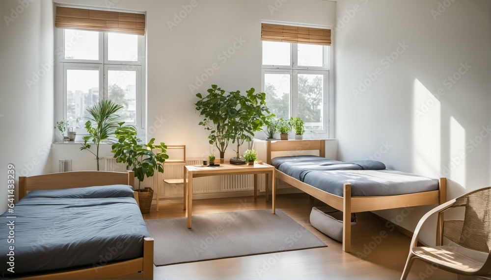 Student dormitory with bright and simple room for two students - obrazy, fototapety, plakaty 