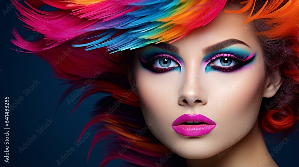 woman from side with multi colored face. beautiful lady. glowing in pinkish lips woman from side with multi colored face. beautiful lady. glowing in pinkish lips