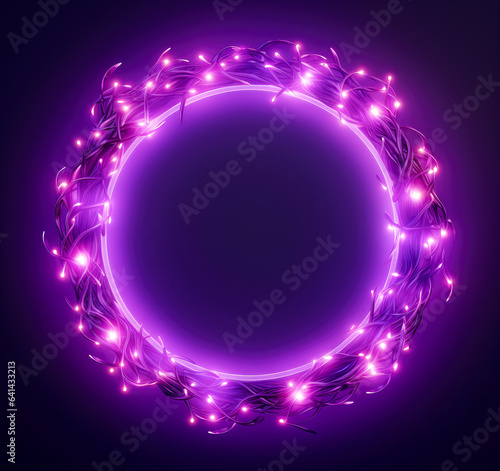 New year cyber punk neon glowing circle frame, futuristic digital background of christmas lights, illustration, black background.