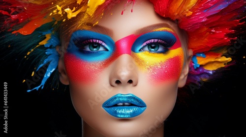 A woman with colorful face. Multi colors. Attractive beautiful lady.