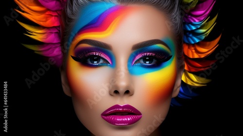 woman with multi colored l face. Attractive beautiful lady. shining with pink lips