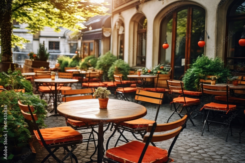 Outdoor cafe with tables and chairs in european city.