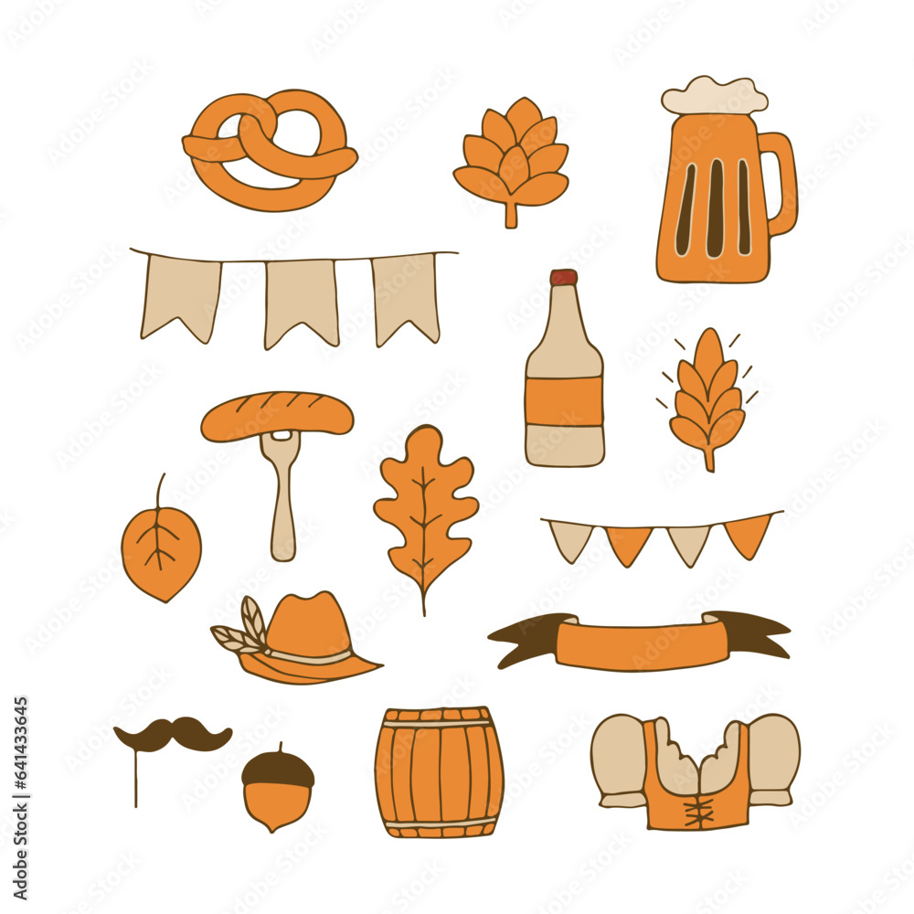 Bavarian beer festival for greeting card, invitation, banner, poster, pack, sticker, glass. Oktoberfest design elements. All objects are separated. Vector illustration