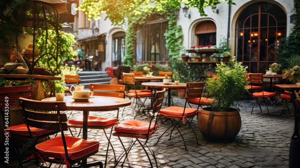 Tables and chairs in cozy european street cafe with flowers