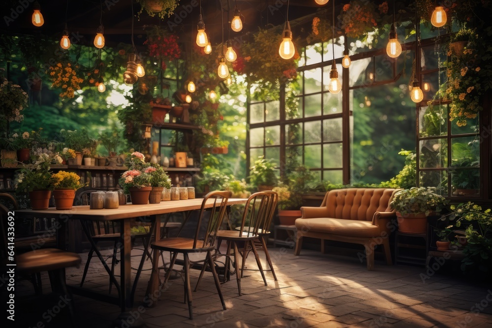 Interior of a cozy cafe with tables and chairs in the sunlight