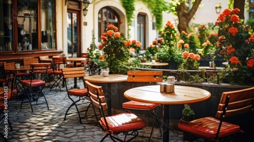 Tables and chairs in cozy european street cafe with flowers