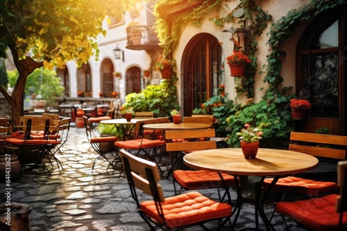 Tables and chairs in cozy european street cafe with flowers © John Martin