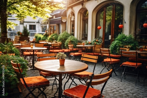 Outdoor cafe with tables and chairs in european city. © John Martin