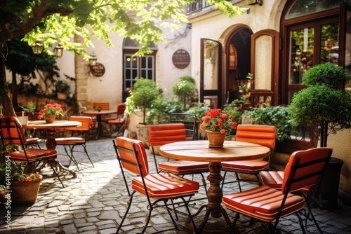 Tables and chairs in cozy european street cafe with flowers © John Martin