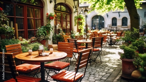 Tables and chairs of outdoor cafe in european city.