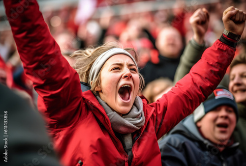 An enthusiastic female sports fan is fully immersed in the excitement of a soccer match with a high-energy crowd, her impassioned cheering shows the joy of sport and the thrill of victory. photo