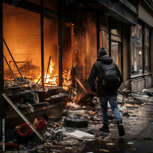 Scene of a fire in Paris during protests against the government. photo