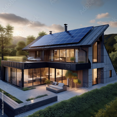 Modern house with solar panels on the roof. Alternative energy source.