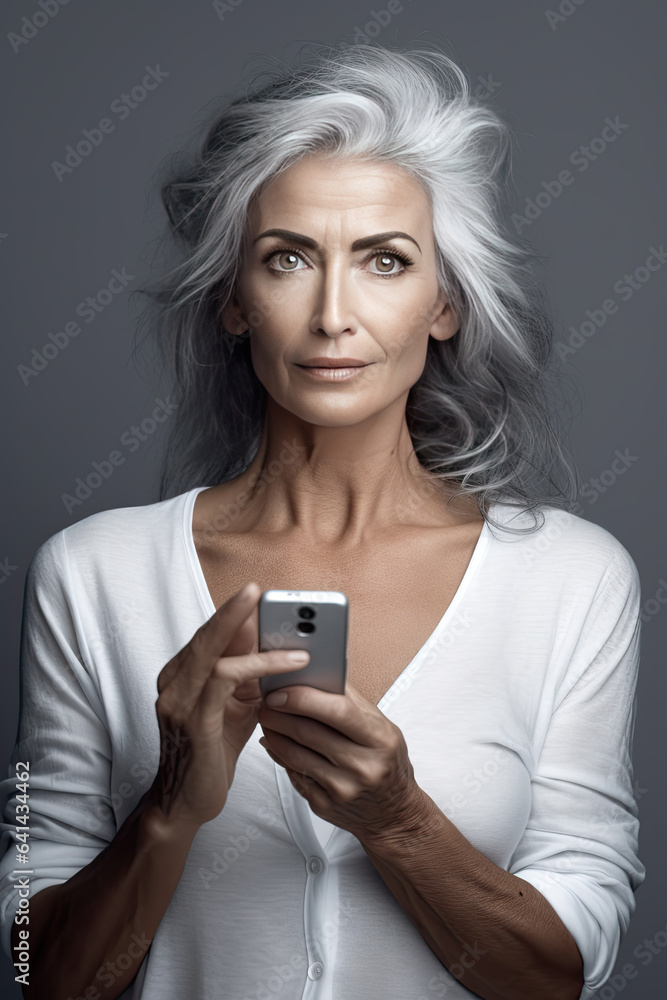 Attractive gorgeous mature older woman hold smartphone looking at camera isolated on white background Attractive gorgeous mature older woman hold smartphone looking at camera isolated on white background
