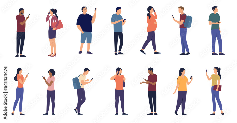 People using phones collection - Set of character illustrations with men and women talking and using smartphones while standing and walking. Flat design vector on white background