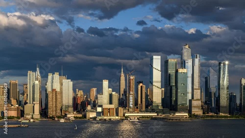 Day to Night Timelapse Stunning Sunset with Full Moon Rising Over Midtown Manhattan
