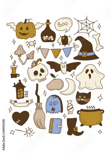 Fototapeta Naklejka Na Ścianę i Meble -  Stickerpack. Bright elements for Halloween design. Pumpkin, Skull, Ghost, Gravestone, Spider, Candy, Broom, Hat, Eye, Potion, Bone, and more. Halloween labels, icons and objects. Happy holiday. 