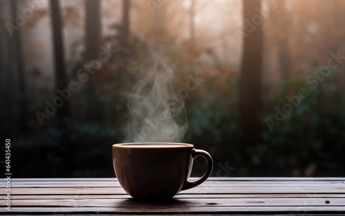 Autumn nature view, warm mug of coffee. autumn weather. warming hot drink.