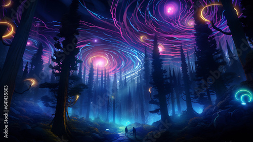 A swirling vortex of neon lights and digital code, merging with a forest of surreal, glowing trees in XR. Vivid colors, ethereal atmosphere, and a sense of infinite possibilities