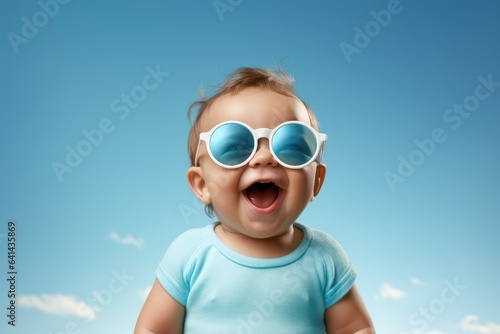 Funny baby on a vacation wearing big sunglasses. Generative AI