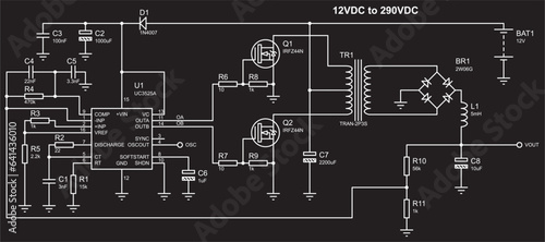 Schematic diagram of electronic device.
Vector drawing electrical circuit with resistor, capacitor, inductor, battery,
voltage stabilizer, diode bridge, transformer
and other electronic components.