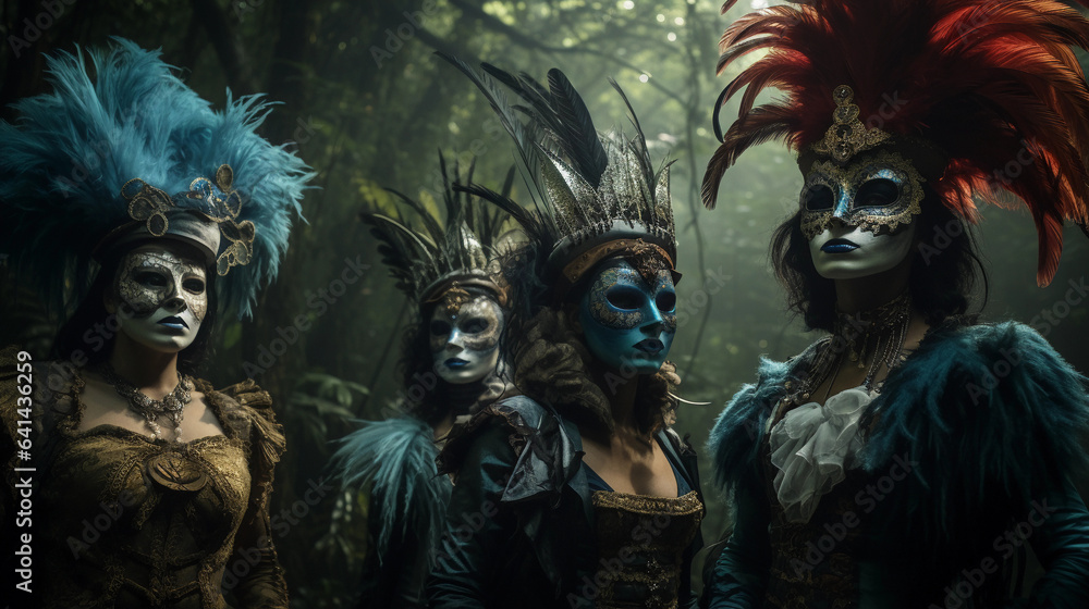 Obraz premium Surrealist tableau, group of cosplayers, characters from classic literature, dappled forest lighting, vivid, dreamlike, feathered masks, ethereal mist