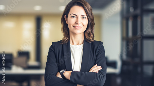 Confident businesswoman smiling smiling corporate manager, looking at camera with arms crossed. Elegant businesswoman standing in office.