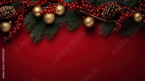 Red background decorated with Christmas fir branches and gold ornaments.