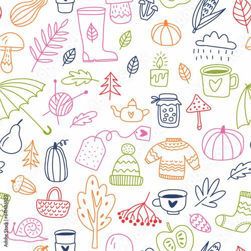 Vector pattern of autumn elements and objects drawn by hand in the style of doodles.