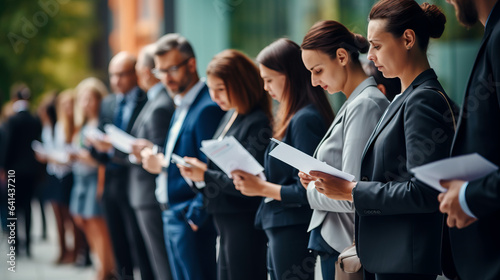 Job candidates standing in line, waiting for their turn to be interviewed for a new position at a corporate company. Shallow field of view.