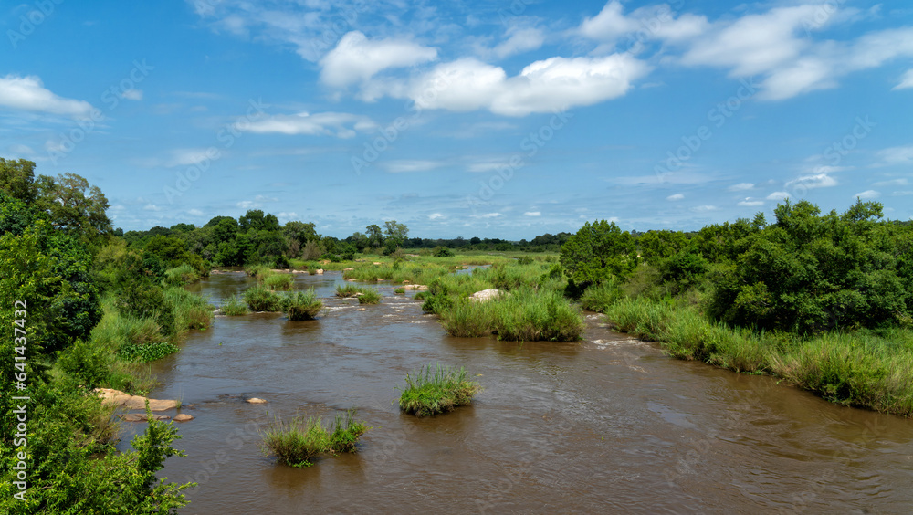 Landscape of the Sabie River in Kruger National Park in South Africa in the green season