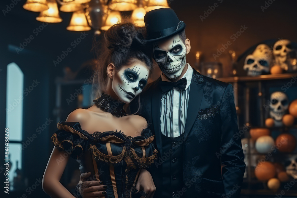 Portrait of a couple with skull makeup faces and costumes in a dark room. Halloween party and Day of the Dead concept.