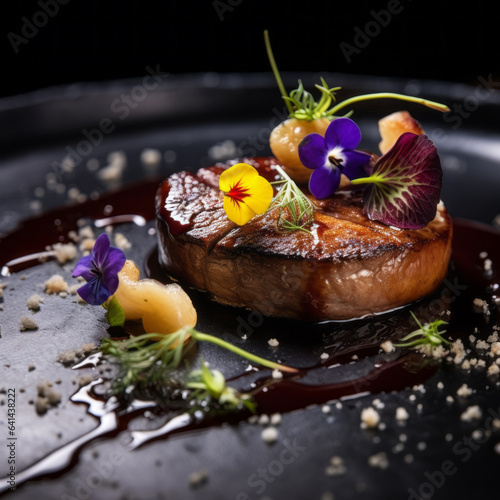 Foie gras, a pate decorated with edible flowers and micro greenery.