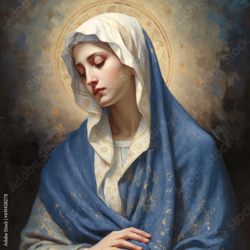 Painting of the Virgin Mary mother of Jesus. Madonna. Religion faith Christianity. Virgen del Carmen. Blessed Virgin Mary