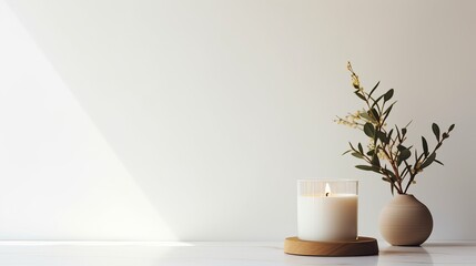 Natural fragranced white soy candle. interiors for lofts with a minimalist style. a closeup of the text copy area