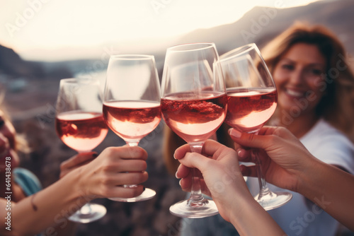 Group of happy female friends celebrating holiday clinking glasses of rose wine in Santorini