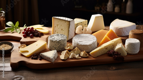 Different kinds of delicious cheese on table