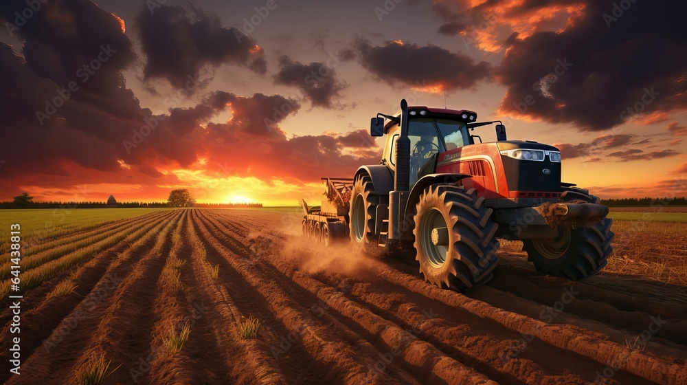 Large field is traversed by tractor, which creates special beds for planting seeds into decontaminated soil. At dusk, an agricultural vehicle is at work in the countryside. Large field is traversed by tractor, which creates special beds for planting seeds into decontaminated soil. At dusk, an agricultural vehicle is at work in the countryside.