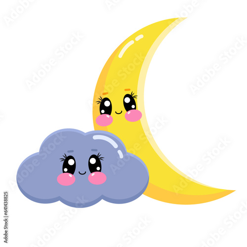 Cartoon cloud face with kawaii cute moon for kids