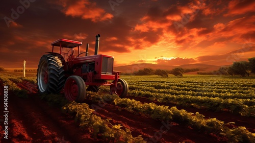 Sunset scene with a red tractor and vines in the field
