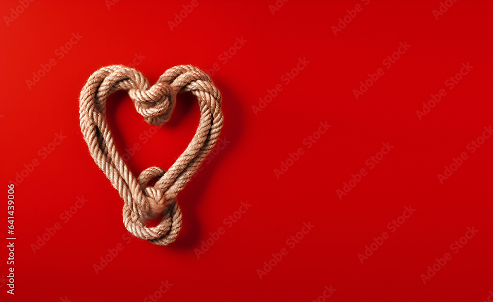 Obraz premium Creative concept composition. Brown rope in heart shape knot on red background. Love valentine. copy text space banner 