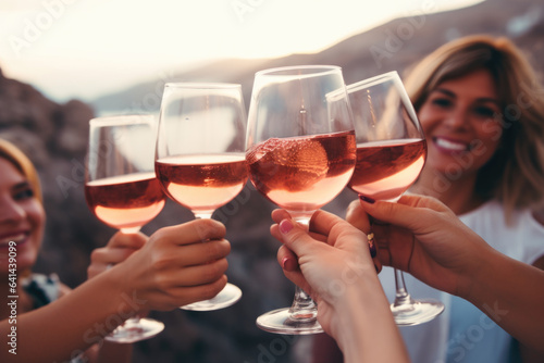 Group of happy female friends celebrating holiday clinking glasses of rose wine in Santorini