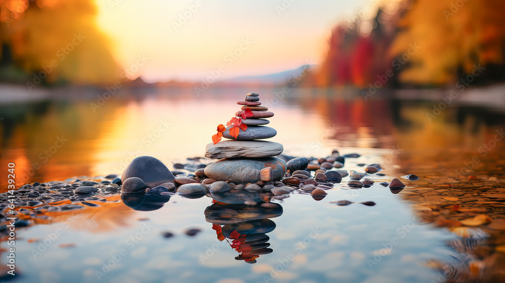 Yoga, meditation. The bank of a river or lake. A pyramid of several flat river stones lying on top of each other. Generative AI technology.